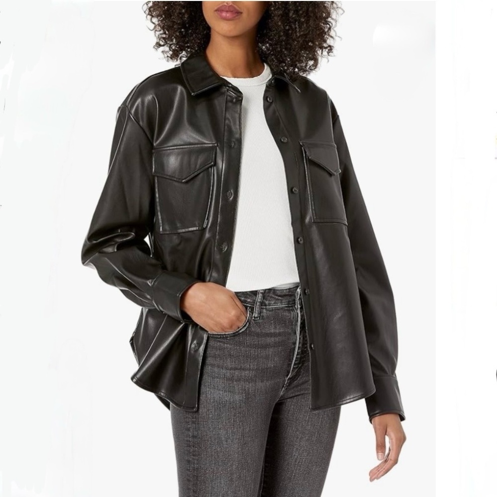 The Drop lisadnyc Faux Leather Long Sleeve Button Up Shirt Jacket Black Womens S